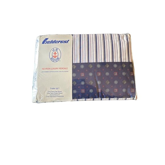 Fieldcrest J.G. Hook No Iron Luxury Percale Twin Sheet Set 1987 Striped New - Picture 1 of 7